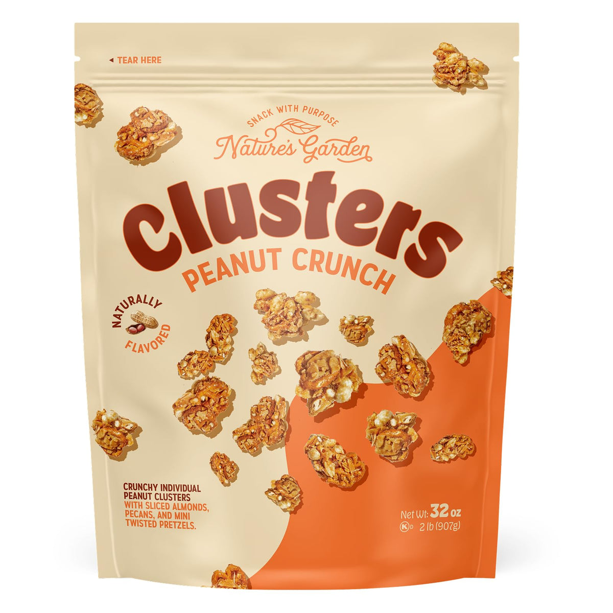 Nature's Garden Peanut Crunch Clusters – 32oz Pouch, Large Nut & Pretzel Snack Bites with Almonds & Pecans