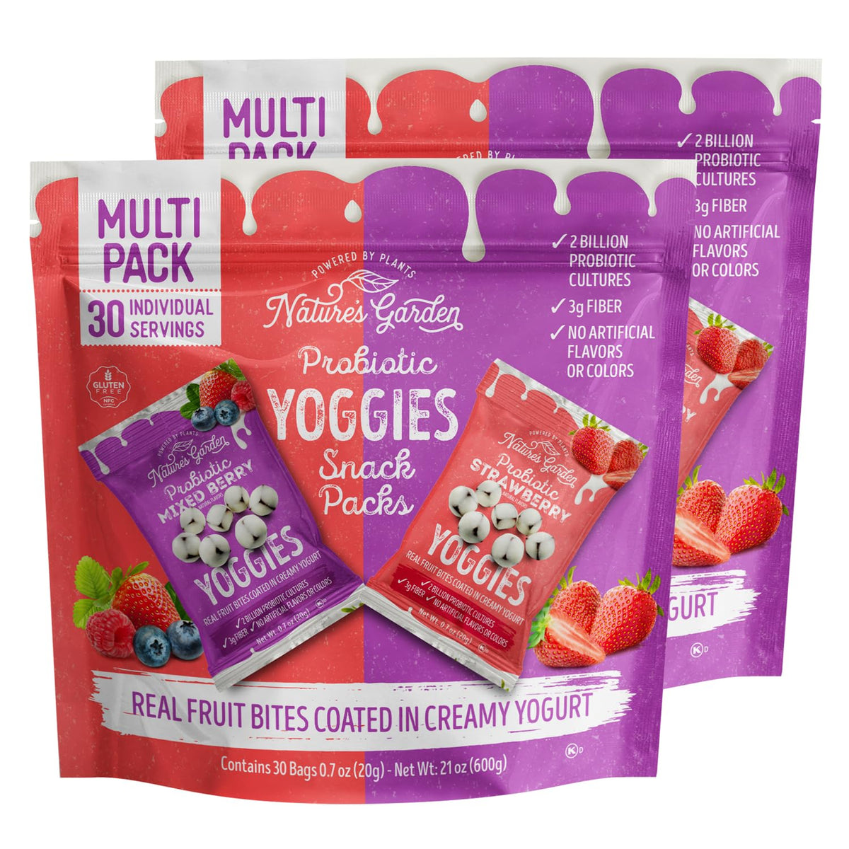 Nature's Garden Probiotic Yoggies Variety Pack — 21oz (30 x 0.7oz) Pack of 2 (Strawberry & Mixed Berry) Yogurt-Covered Snacks