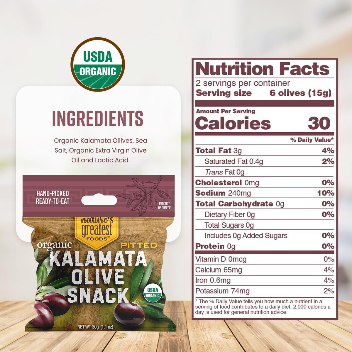 Organic Kalamata Olive Snack – Nature’s Greatest Foods, 1.1 Oz, 24 Pack