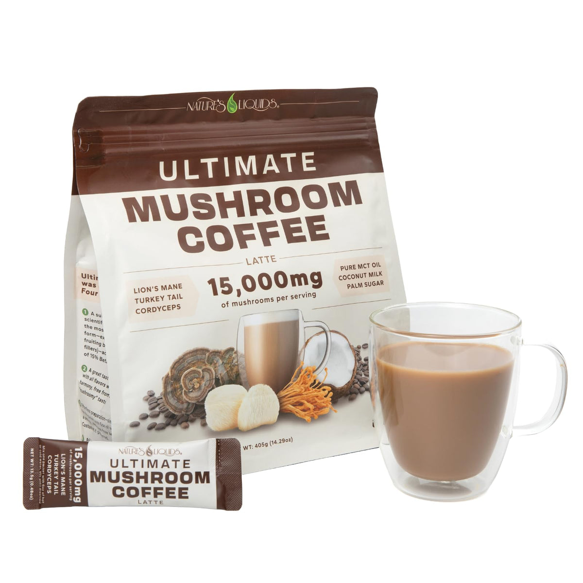 Nature's Liquids Ultimate Mushroom Coffee Latte – 15,000mg Fruiting-Body Extracts, Lion’s Mane, Cordyceps & Turkey Tail | 30 Sticks