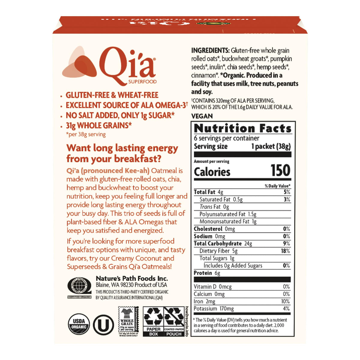 Nature's Path Qi’a Cinnamon Pumpkin Seed Instant Oatmeal – Gluten Free, Non-GMO, 6-Pack