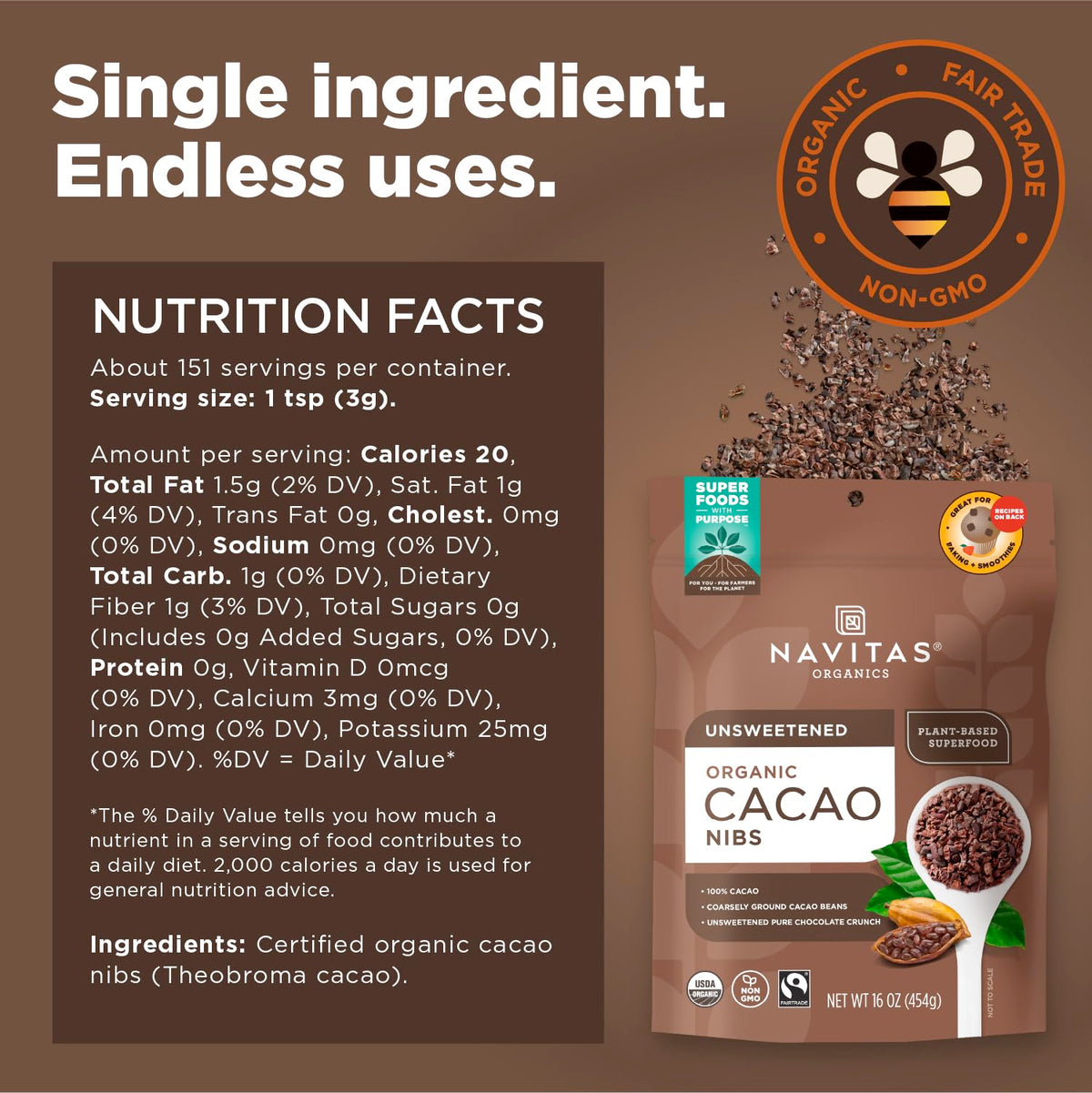 Navitas Organics Cacao Nibs – Unsweetened Dark Chocolate Crunch | Organic & Fair Trade