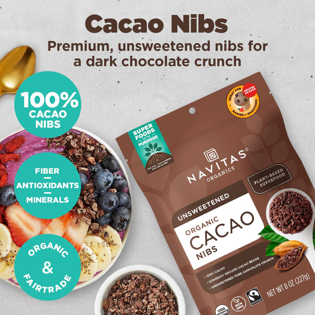 Navitas Organics Cacao Nibs – Unsweetened Dark Chocolate Crunch | Organic & Fair Trade