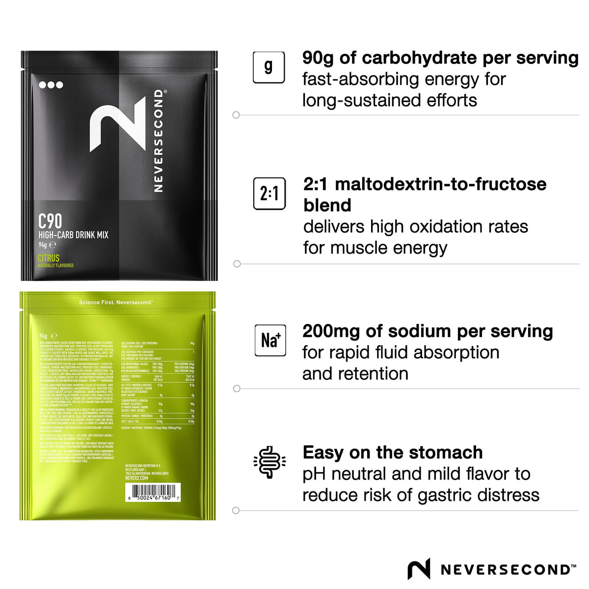 NeverSecond C90 High Carb Drink Mix – Citrus, 8 Servings | Hydration & Nutrition for Ultra Endurance