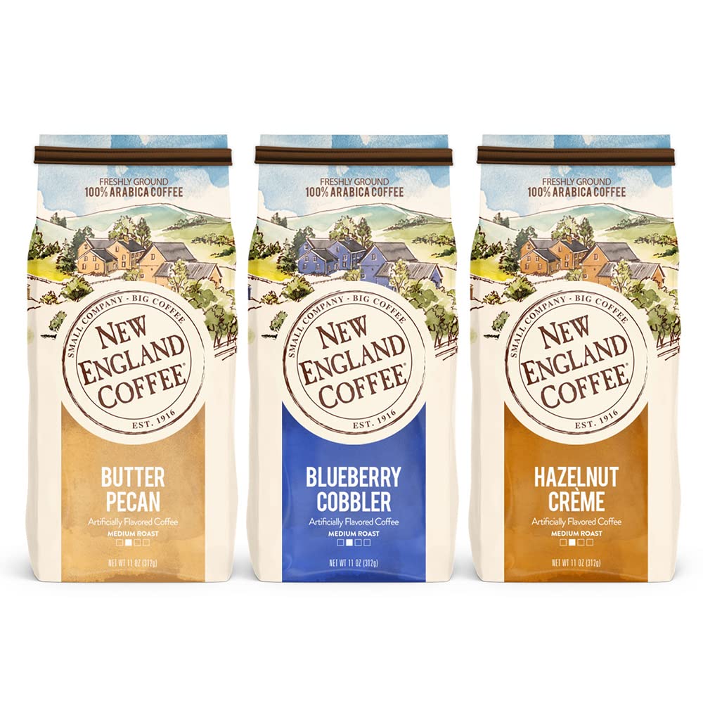 New England Coffee Variety Pack – Butter Pecan, Blueberry Cobbler & Hazelnut Creme, 11oz Bags (Pack of 3)