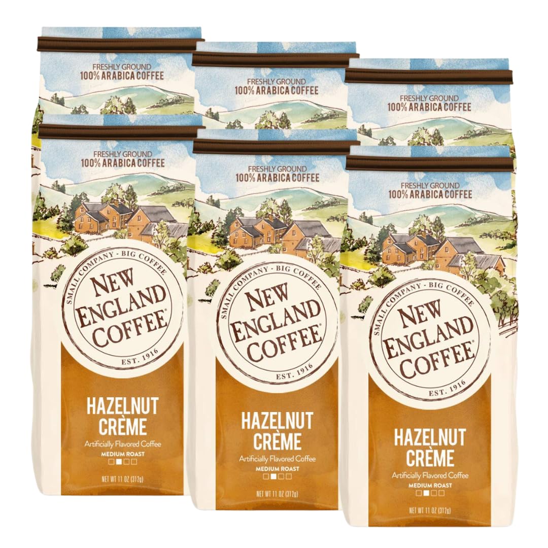 New England Coffee Hazelnut Creme Medium Roast Ground Coffee – 11oz Bag (Pack of 6)
