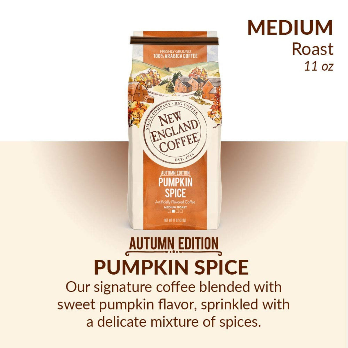 New England Coffee Pumpkin Spice Medium Roast Ground Coffee — 11oz Bag (Pack of 3)