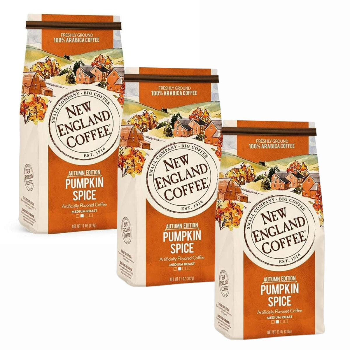 New England Coffee Pumpkin Spice Medium Roast Ground Coffee — 11oz Bag (Pack of 3)