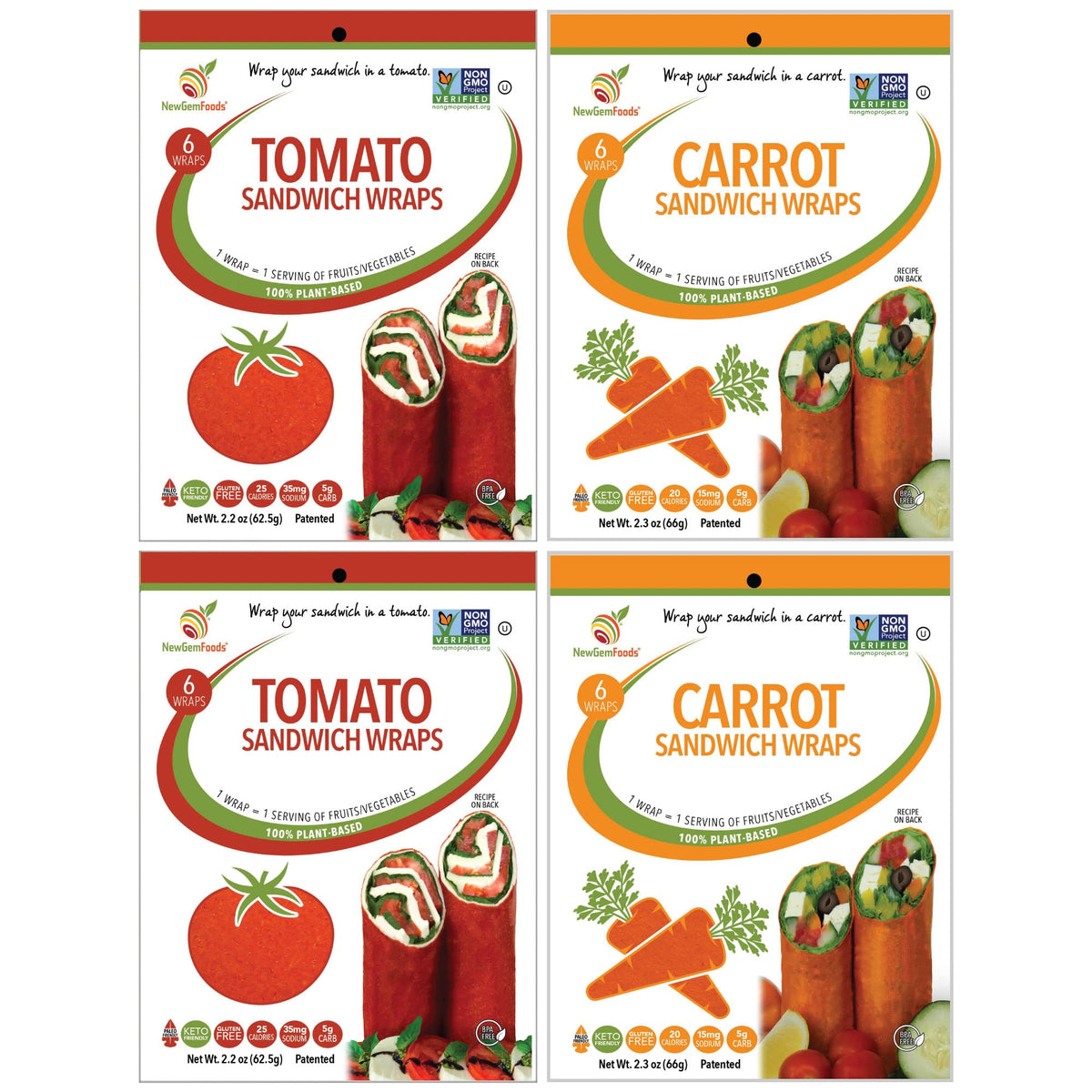 NewGem Carrot & Tomato Sandwich Wraps (Four-Pack) – Plant-Based, Vegan, Gluten-Free, Low-Carb Wrap Variety Pack