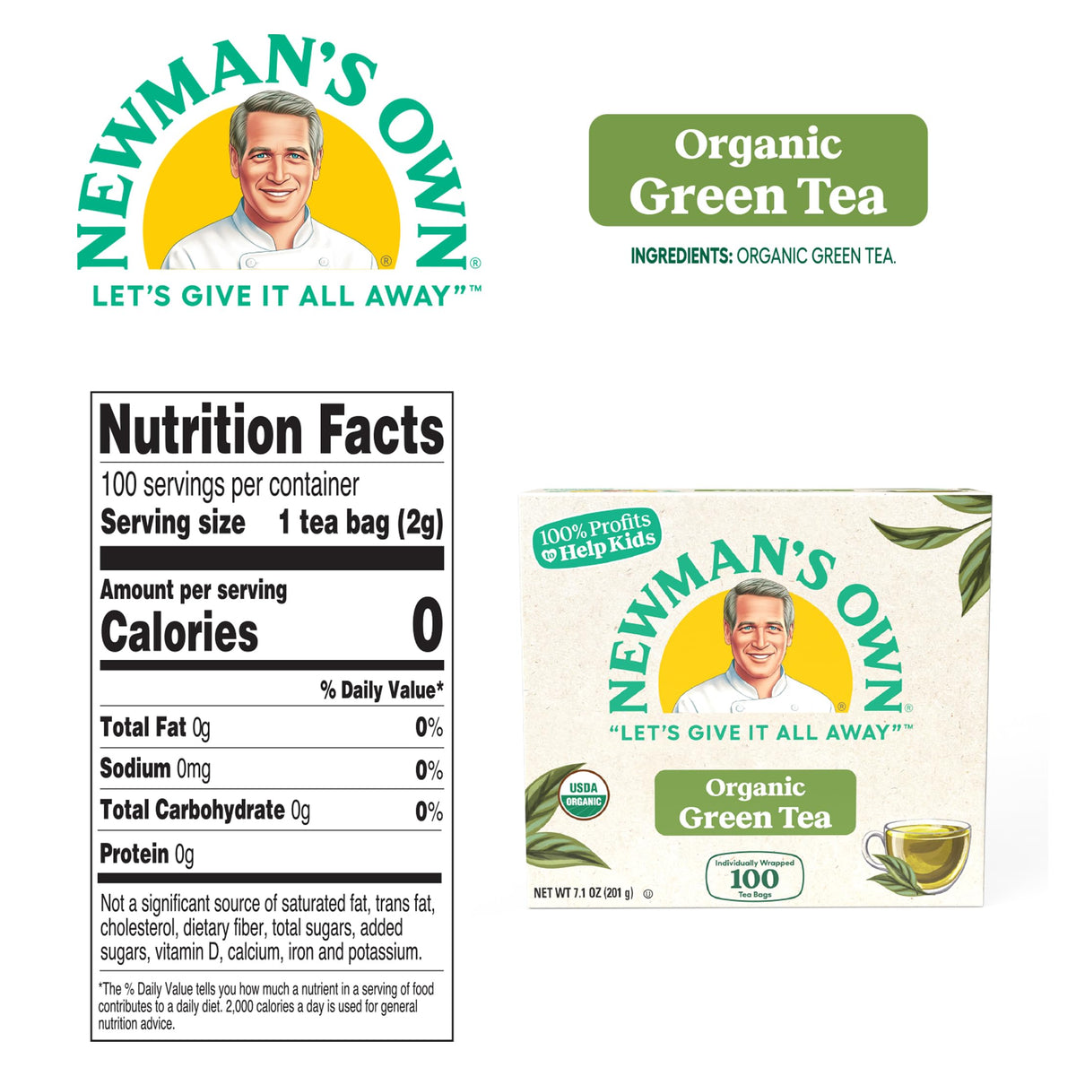 Newman's Own Organics Green Tea — 100 Tea Bags per Box (Pack of 5)