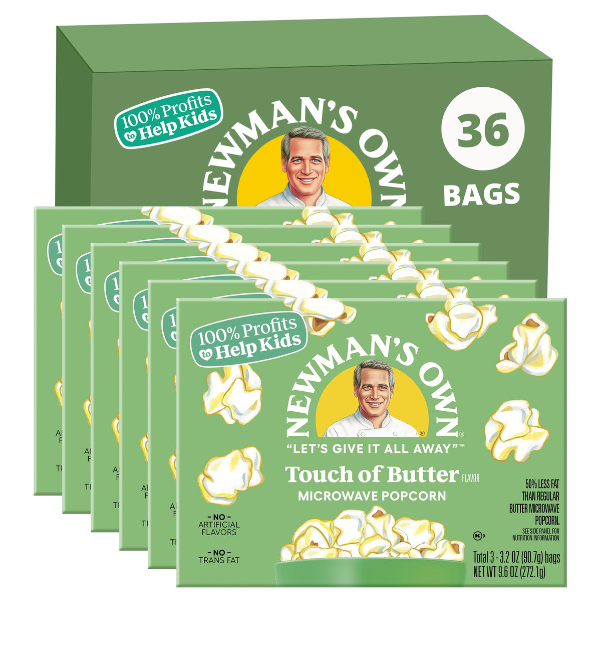Newman's Own Touch of Butter Microwave Popcorn – 36 Bags (3.2 oz) | Whole Grain, Gluten-Free