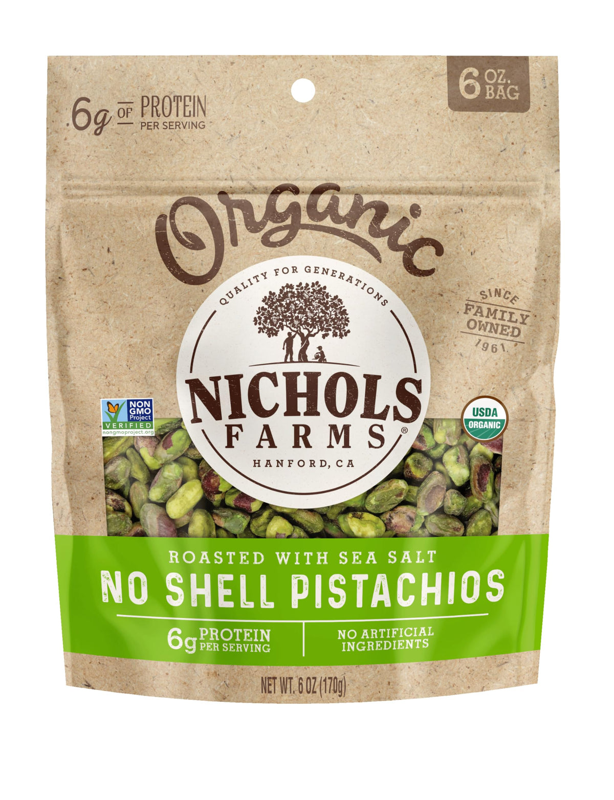 Nichols Farms Roasted Sea Salt No-Shell Pistachios — Kosher, Organic, Non-GMO, Pack of 3 (6 oz each)