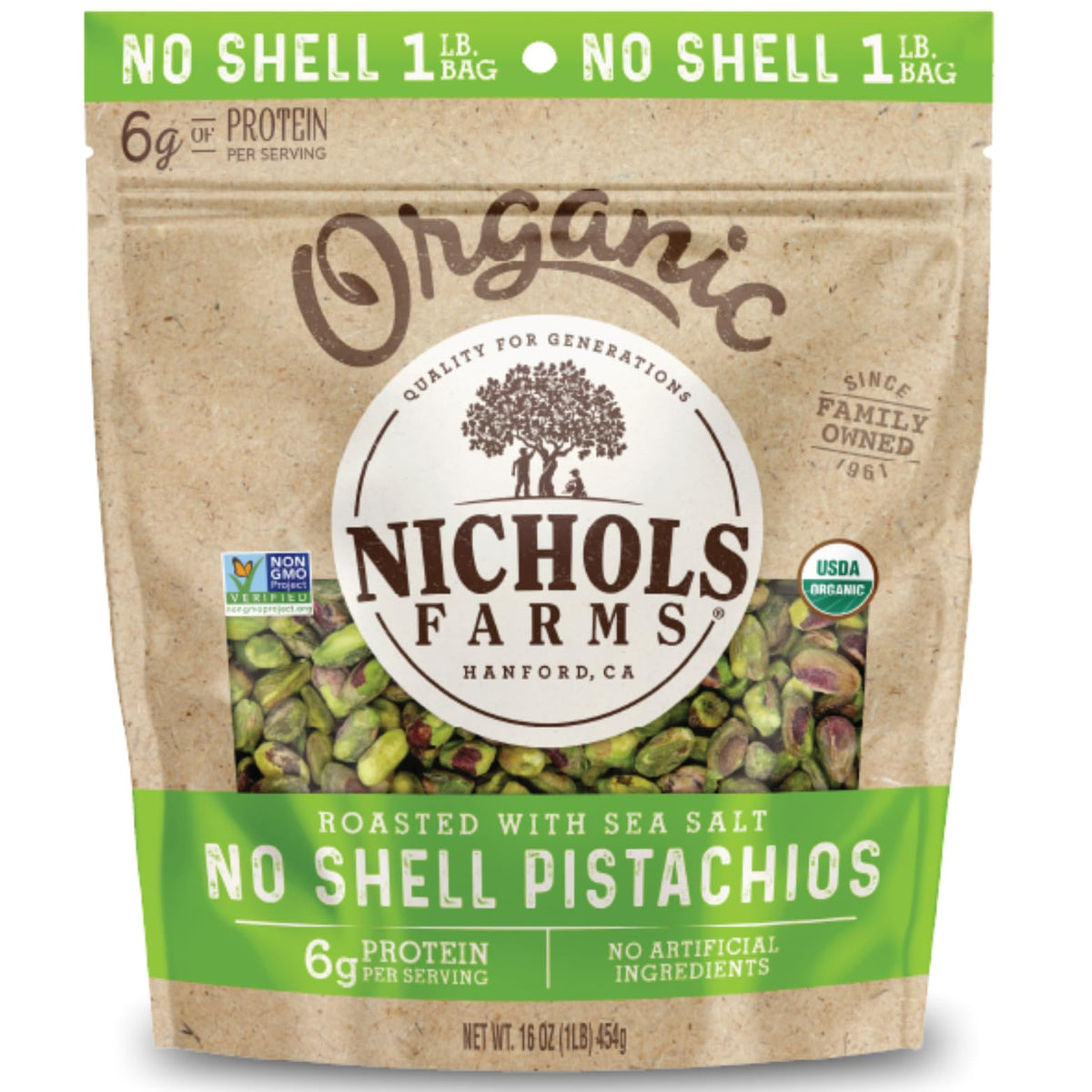 Nichols Farms Organic No Shell California Pistachios – Roasted Sea Salt, 1LB | Healthy Protein Snack