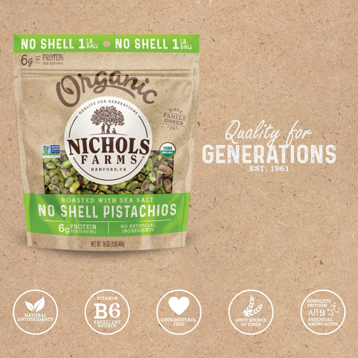 Nichols Farms Organic No Shell California Pistachios – Roasted Sea Salt, 1LB | Healthy Protein Snack