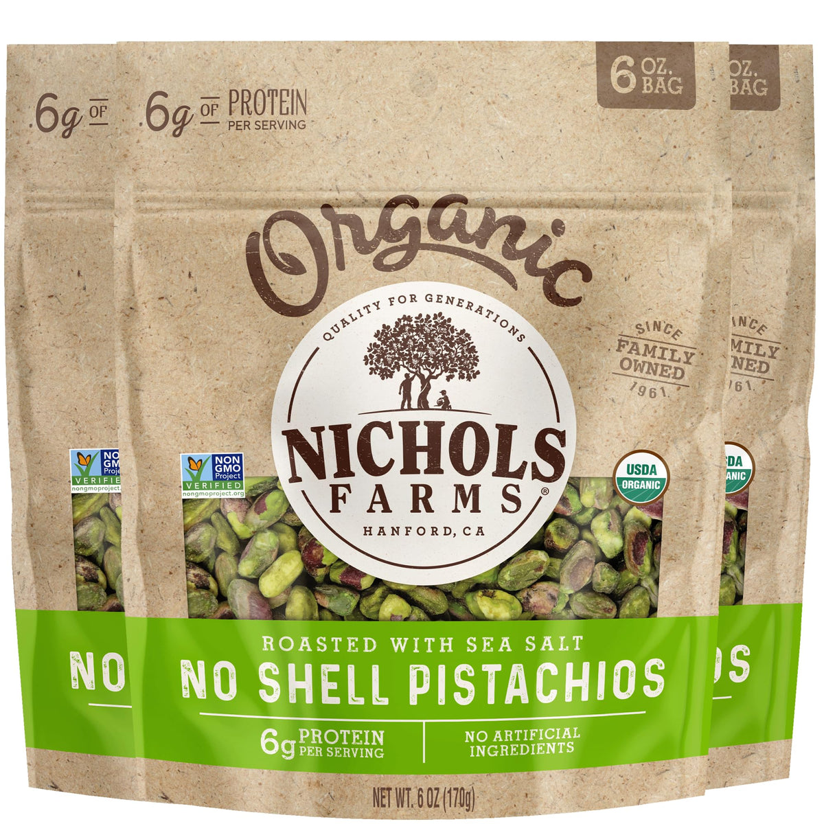 Nichols Farms Roasted Sea Salt No-Shell Pistachios — Kosher, Organic, Non-GMO, Pack of 3 (6 oz each)