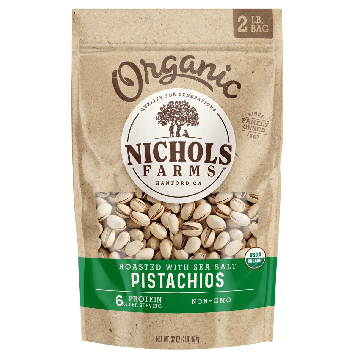 Nichols Farms California Pistachios – Organic Roasted Salted, Sea Salt, 32 oz Bag