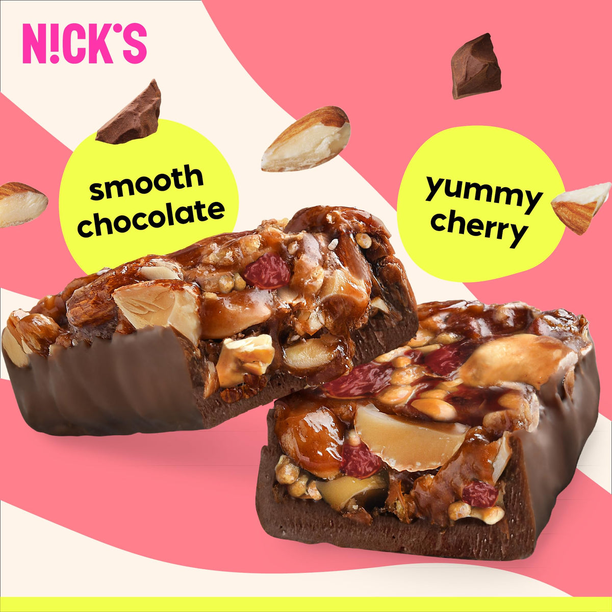N!CK'S Keto Nut Bar Cherry Cashew Almond Chocolate — 2g Sugar, 5g Net Carbs, 12-Pack