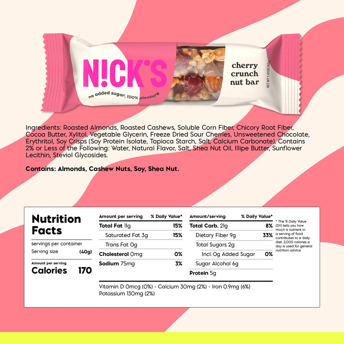 N!CK'S Keto Nut Bar Cherry Cashew Almond Chocolate — 2g Sugar, 5g Net Carbs, 12-Pack