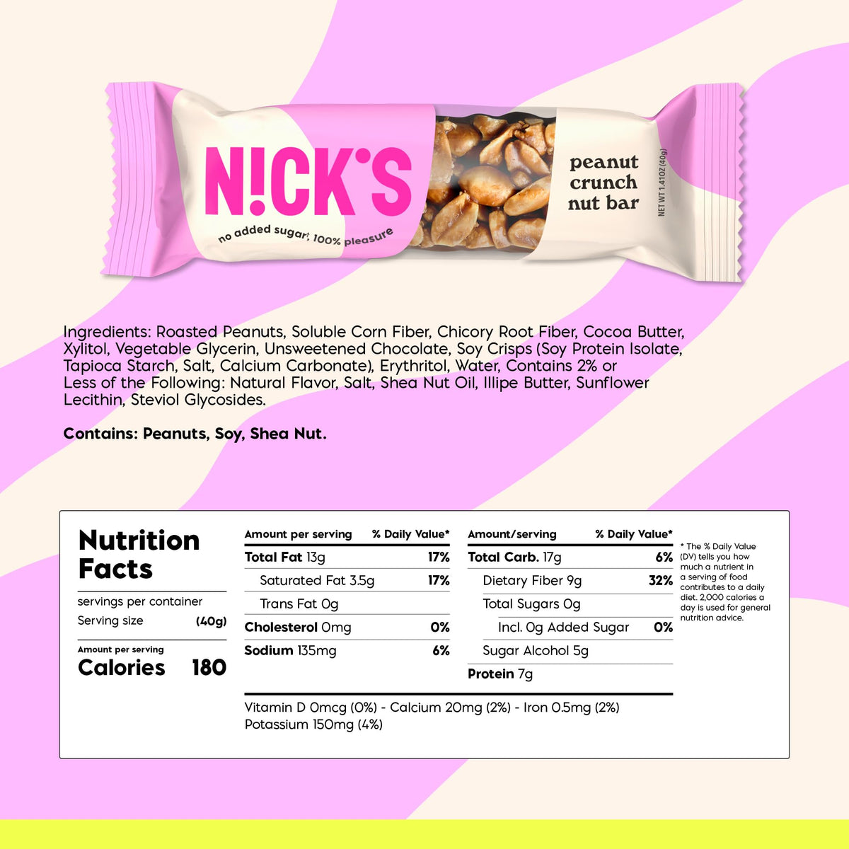N!CK'S Peanut Chocolate Snack Bar — Keto Nut Bar for Sports, Hiking & Outdoors | 1g Sugar, 3g Net Carbs | Pack of 12