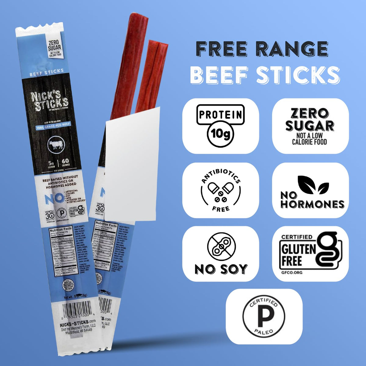 Nick's Sticks Clean & Balanced 100% Grass-Fed Beef Snack Sticks – Gluten Free, Keto & Paleo Approved – Made in USA (12 Twin Packs)