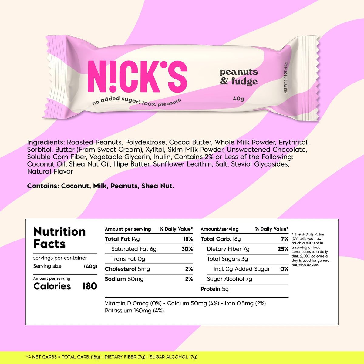 N!CK'S Peanuts & Fudge Keto Chocolate Bars – No Added Sugar, 180 kcal, 4g Net Carbs, Gluten Free (15-Pack, 40g Each)