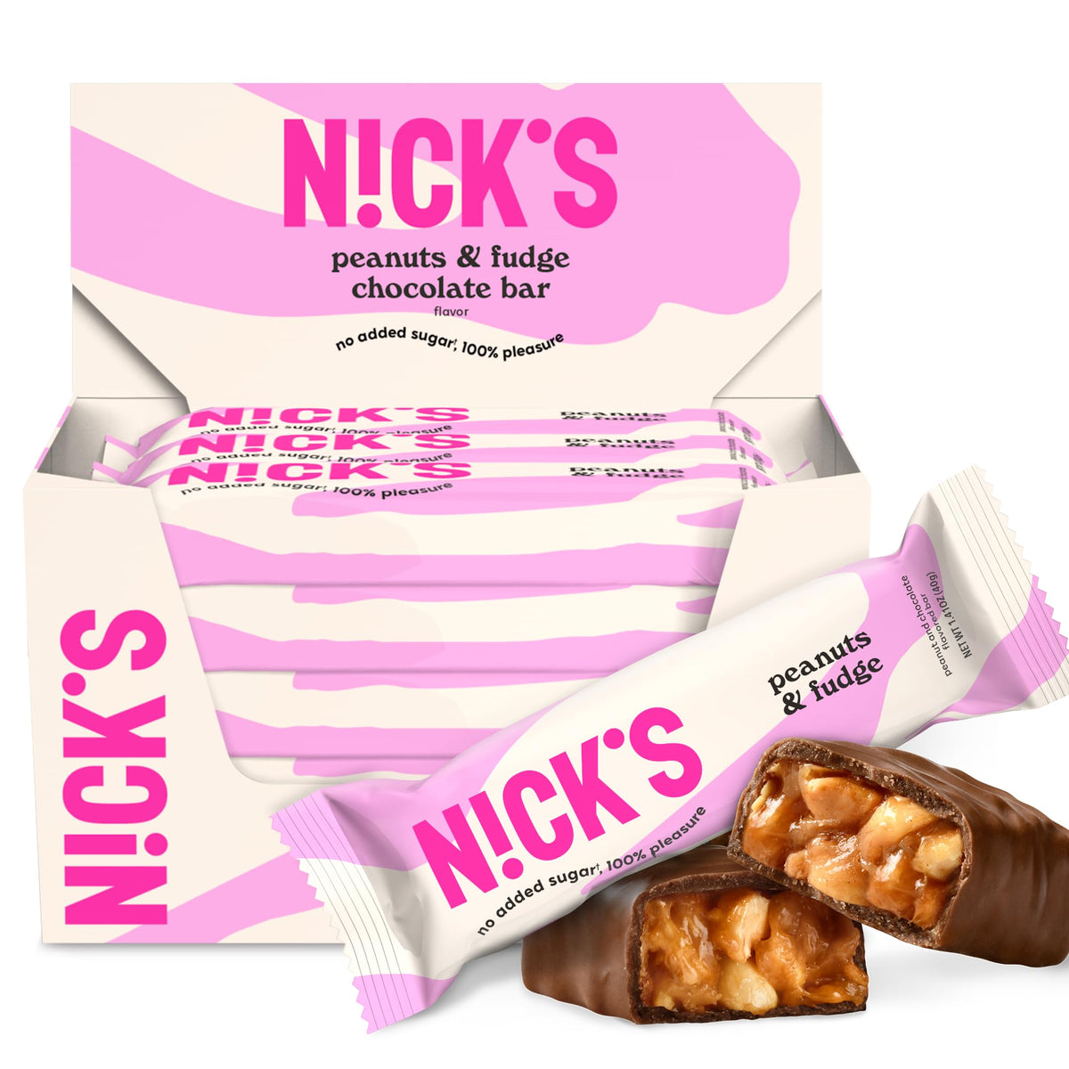 N!CK'S Peanuts & Fudge Keto Chocolate Bars – No Added Sugar, 180 kcal, 4g Net Carbs, Gluten Free (15-Pack, 40g Each)