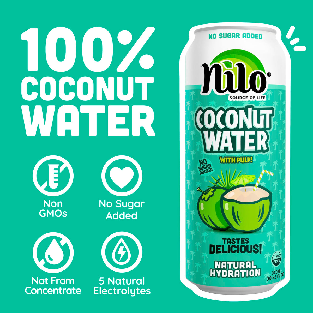 NILO 100% Pure Coconut Water with Pulp – No Sugar Added, Non-GMO, Not From Concentrate, 12-Pack (10.8 oz each)