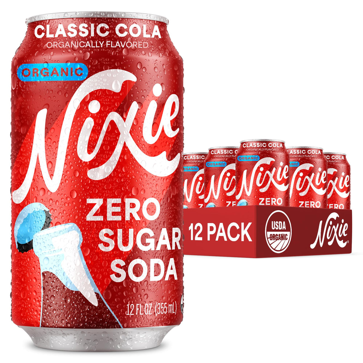 Nixie Organic Zero Sugar Soda – Classic Cola, 0 Sugar, 0 Calories, 40mg Caffeine, 12oz Cans (12 Pack)