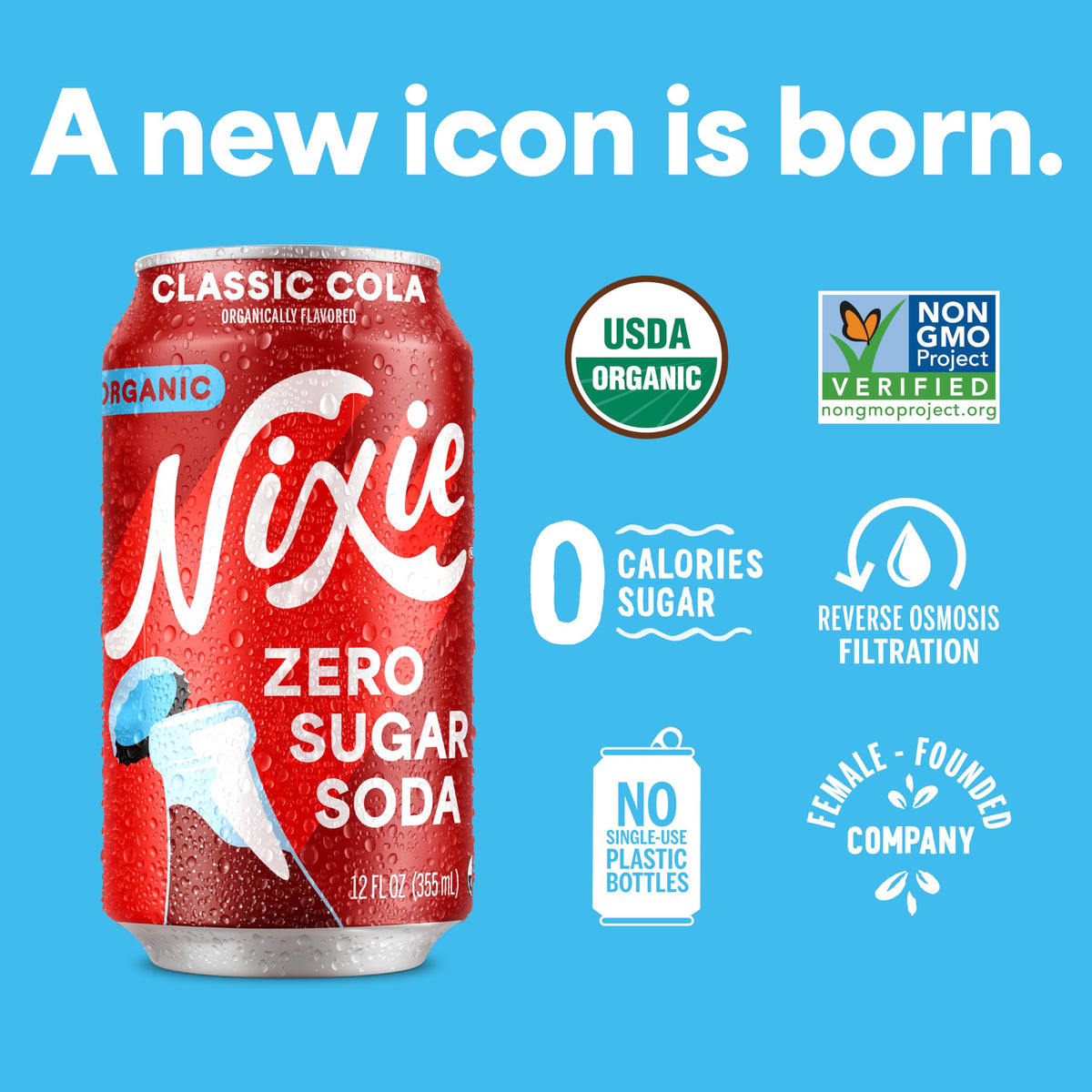 Nixie Organic Zero Sugar Soda – Classic Cola, 0 Sugar, 0 Calories, 40mg Caffeine, 12oz Cans (12 Pack)