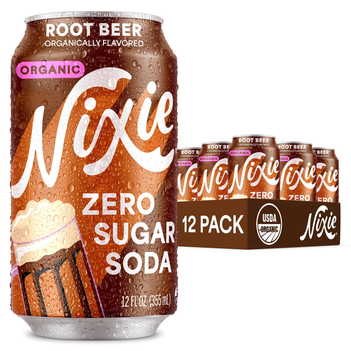 Nixie Organic Zero Sugar Root Beer Soda – 0 Sugar, 0 Cal, Caffeine Free, 12 Pack