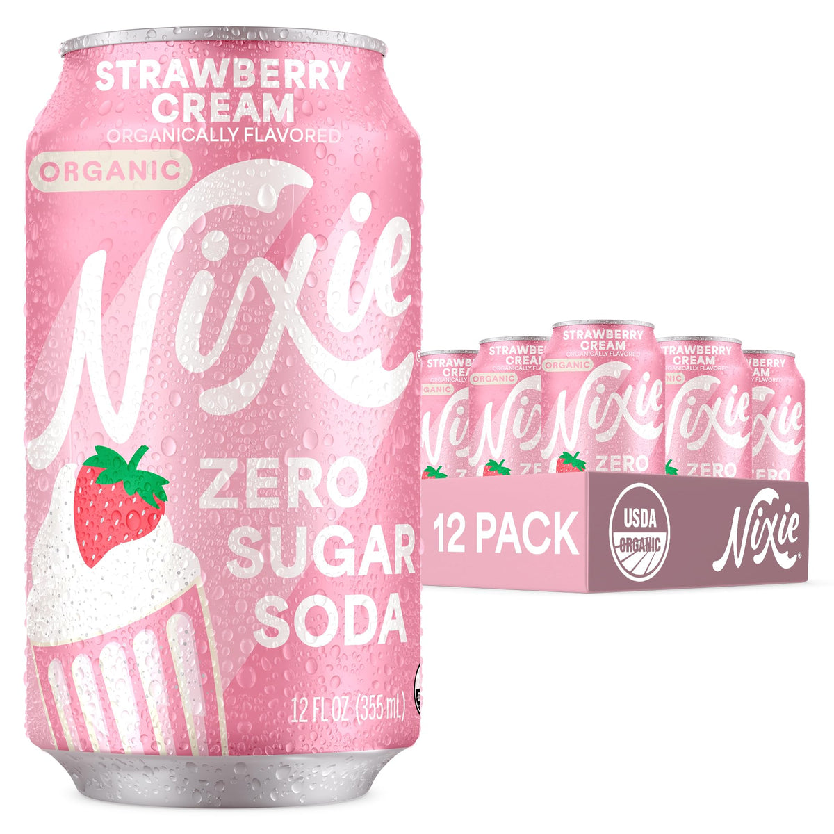 Nixie Organic Zero Sugar Soda – NEW Strawberry Cream, 12 Pack, 12oz Cans, Caffeine Free, Non-GMO