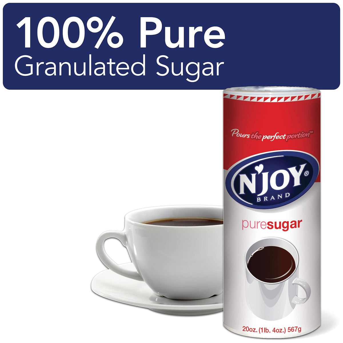 N'Joy Canister 100% Pure Granulated Sugar – 20 oz, Easy Pour Lid, Pack of 6 (Original Version)