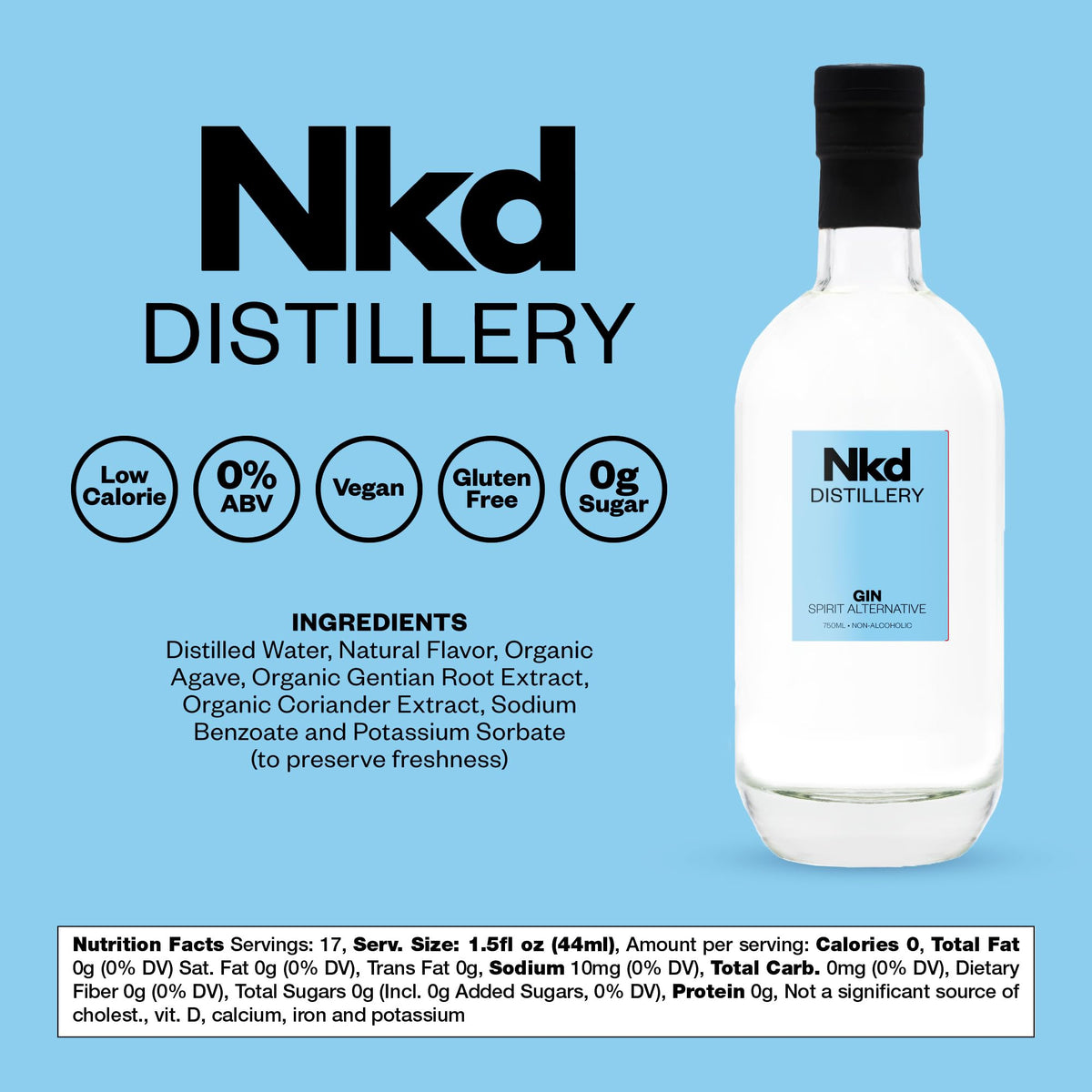 NKD Gin Non-Alcoholic Spirit — Zero-Proof Gin Alternative, 1:1 Cocktail Substitute | 750ml