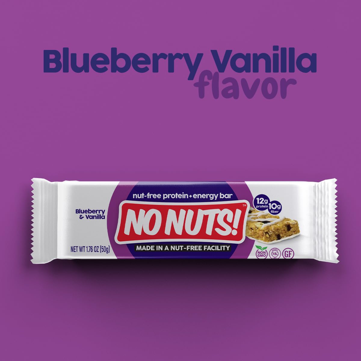 No Nuts! Blueberry & Vanilla Protein Bars – Nut-Free, School-Safe, 12g Plant Protein | Vegan, Gluten-Free, Non-GMO, Kosher | 12 Count