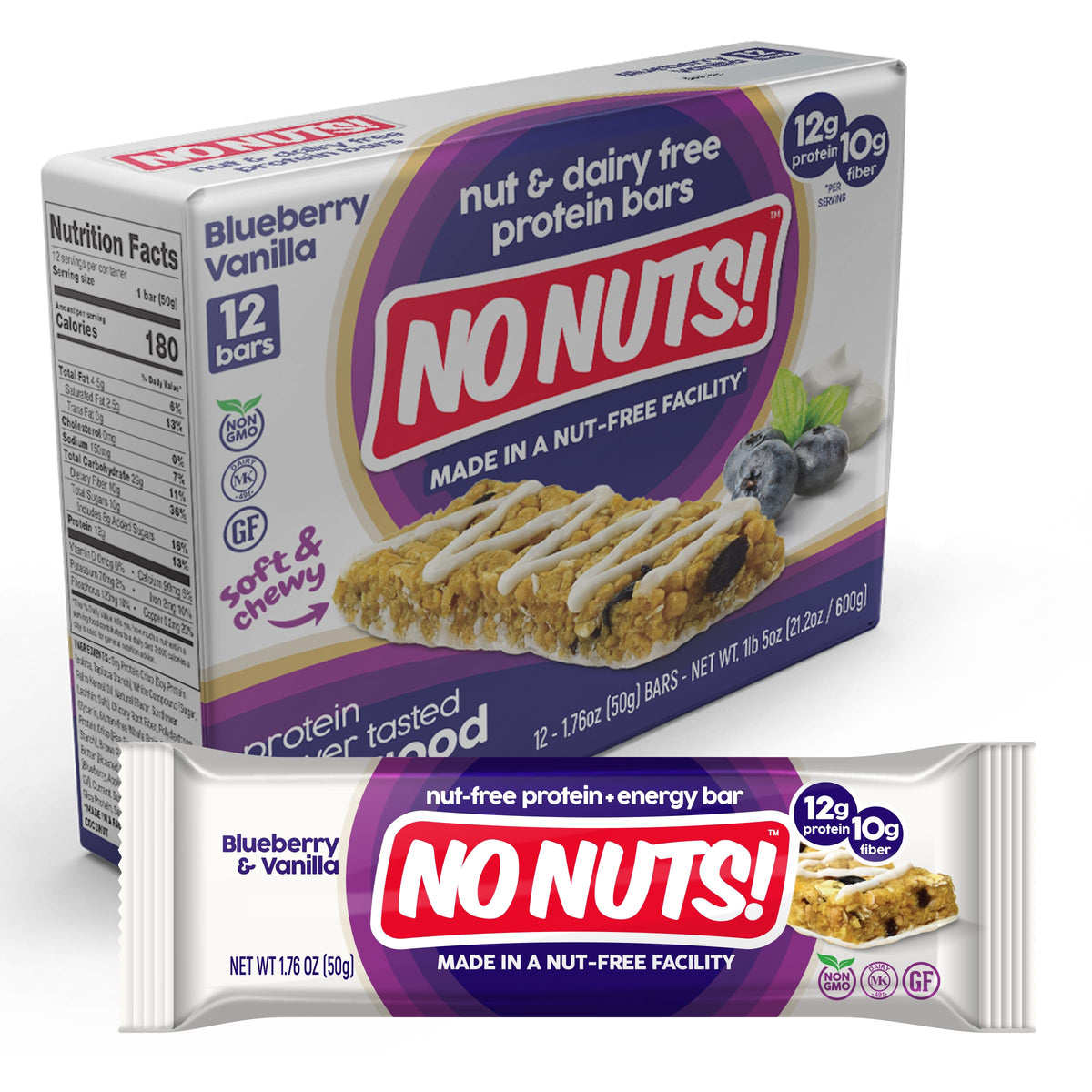 No Nuts! Blueberry & Vanilla Protein Bars – Nut-Free, School-Safe, 12g Plant Protein | Vegan, Gluten-Free, Non-GMO, Kosher | 12 Count