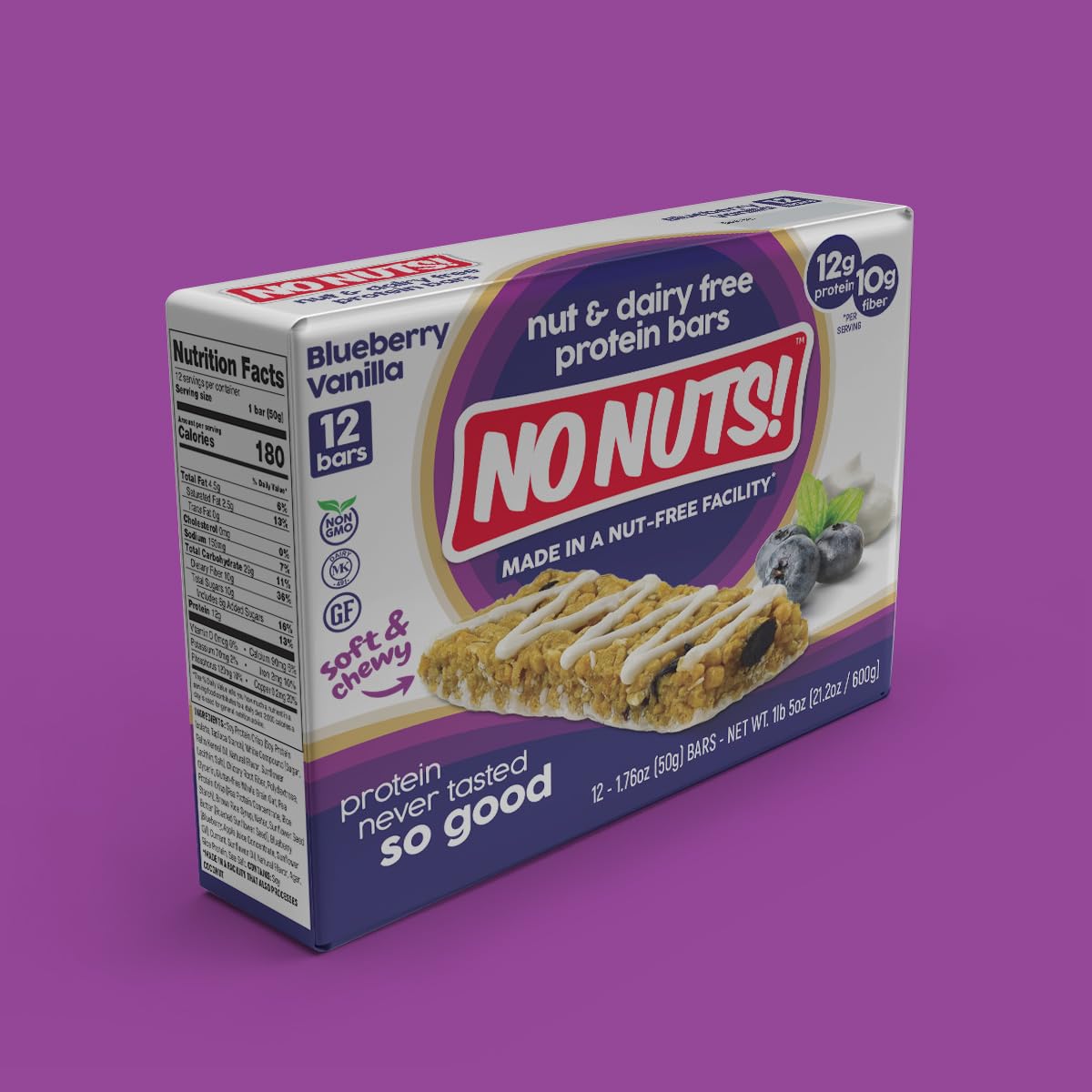 No Nuts! Blueberry & Vanilla Protein Bars – Nut-Free, School-Safe, 12g Plant Protein | Vegan, Gluten-Free, Non-GMO, Kosher | 12 Count