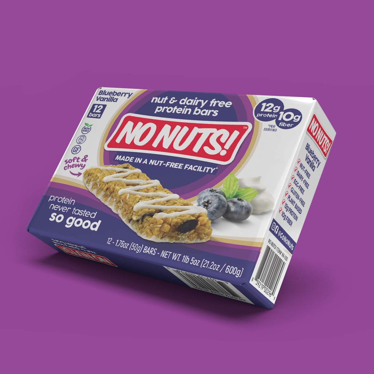 No Nuts! Blueberry & Vanilla Protein Bars – Nut-Free, School-Safe, 12g Plant Protein | Vegan, Gluten-Free, Non-GMO, Kosher | 12 Count