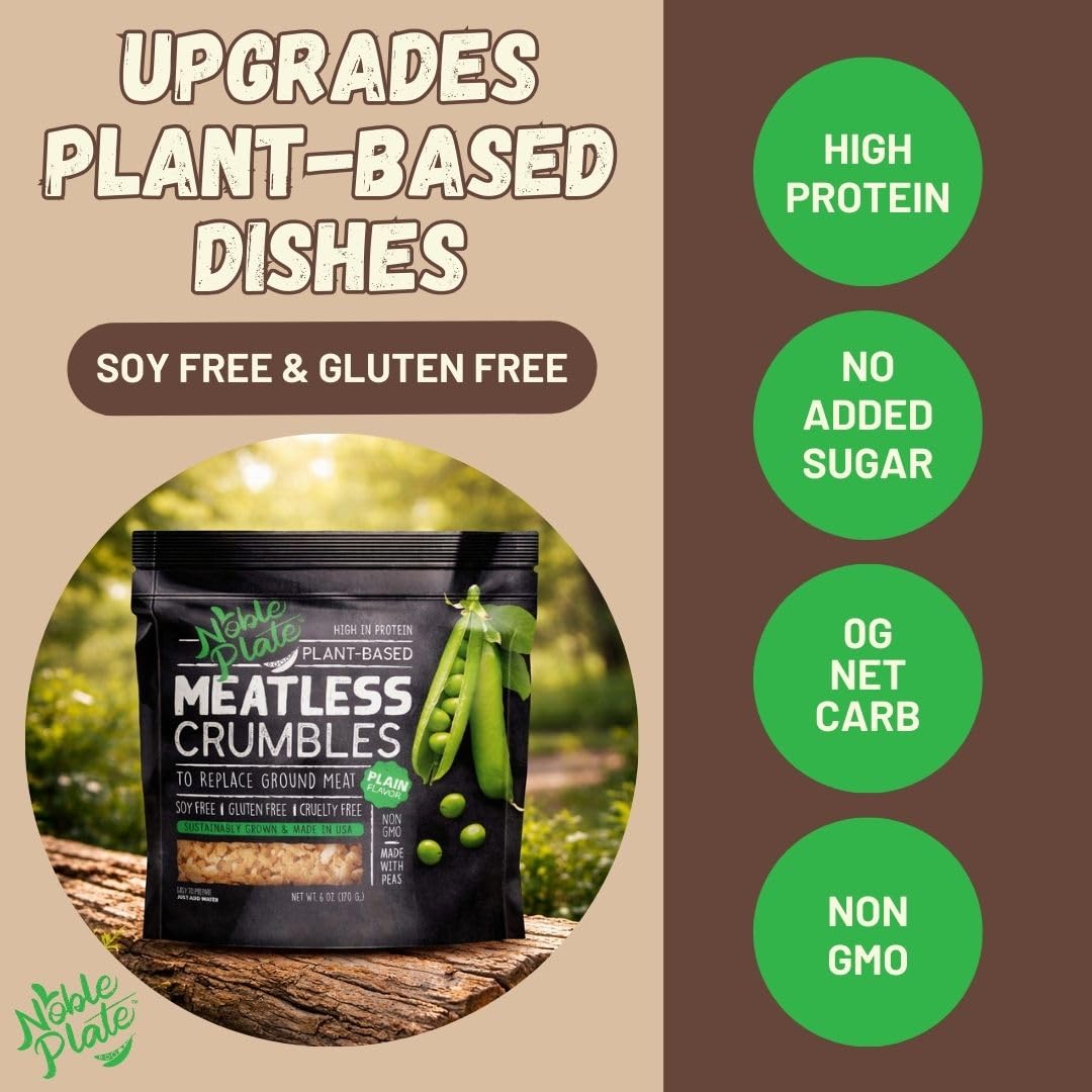 Noble Plate Meatless Crumbles – Soy Free Plant-Based Protein, 45g per Serving, 0g Net Carbs, 170g (3-Pack)