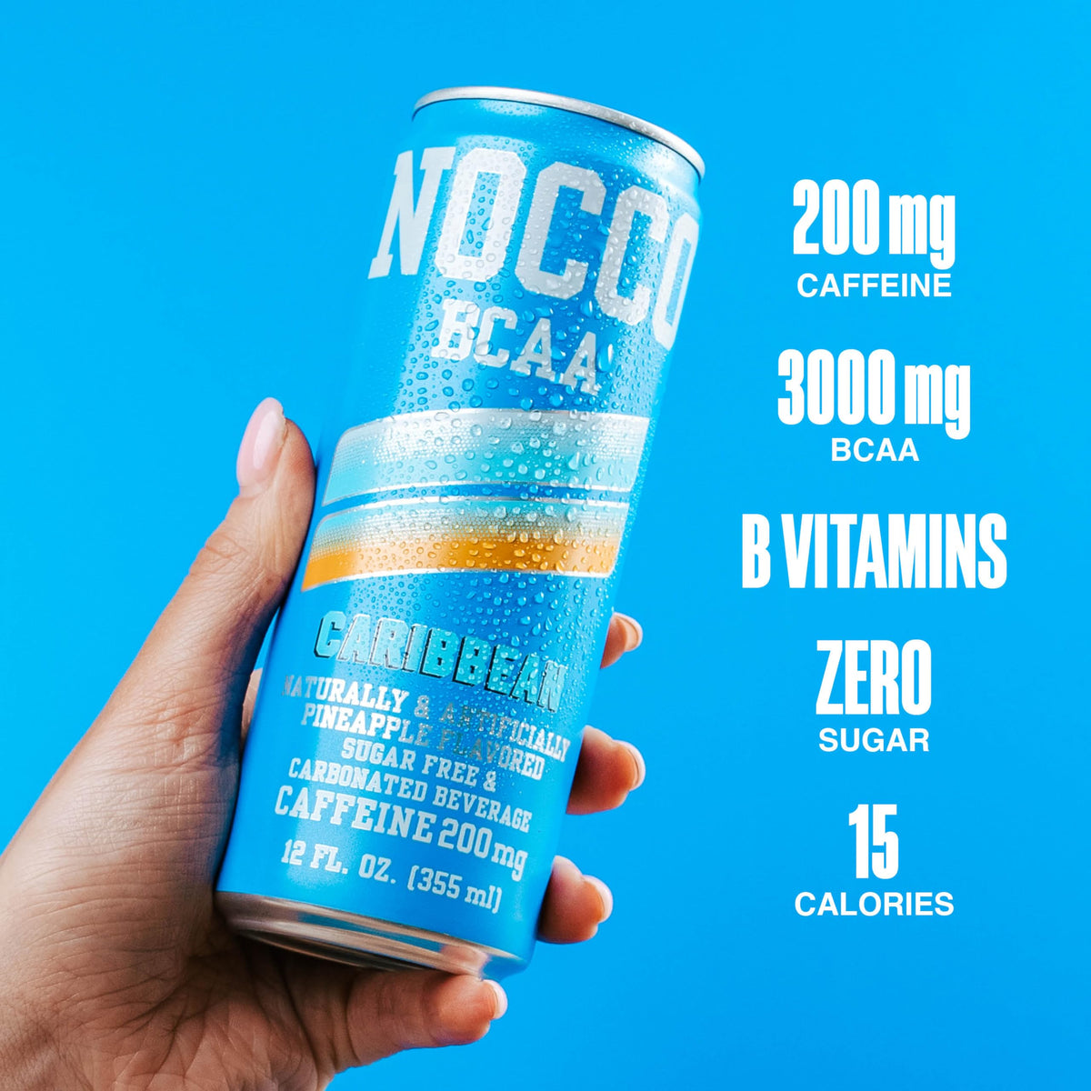 NOCCO Zero Sugar Caribbean Pineapple Energy Drink – 12 Pack, 180 mg Caffeine, BCAAs, Low Calorie