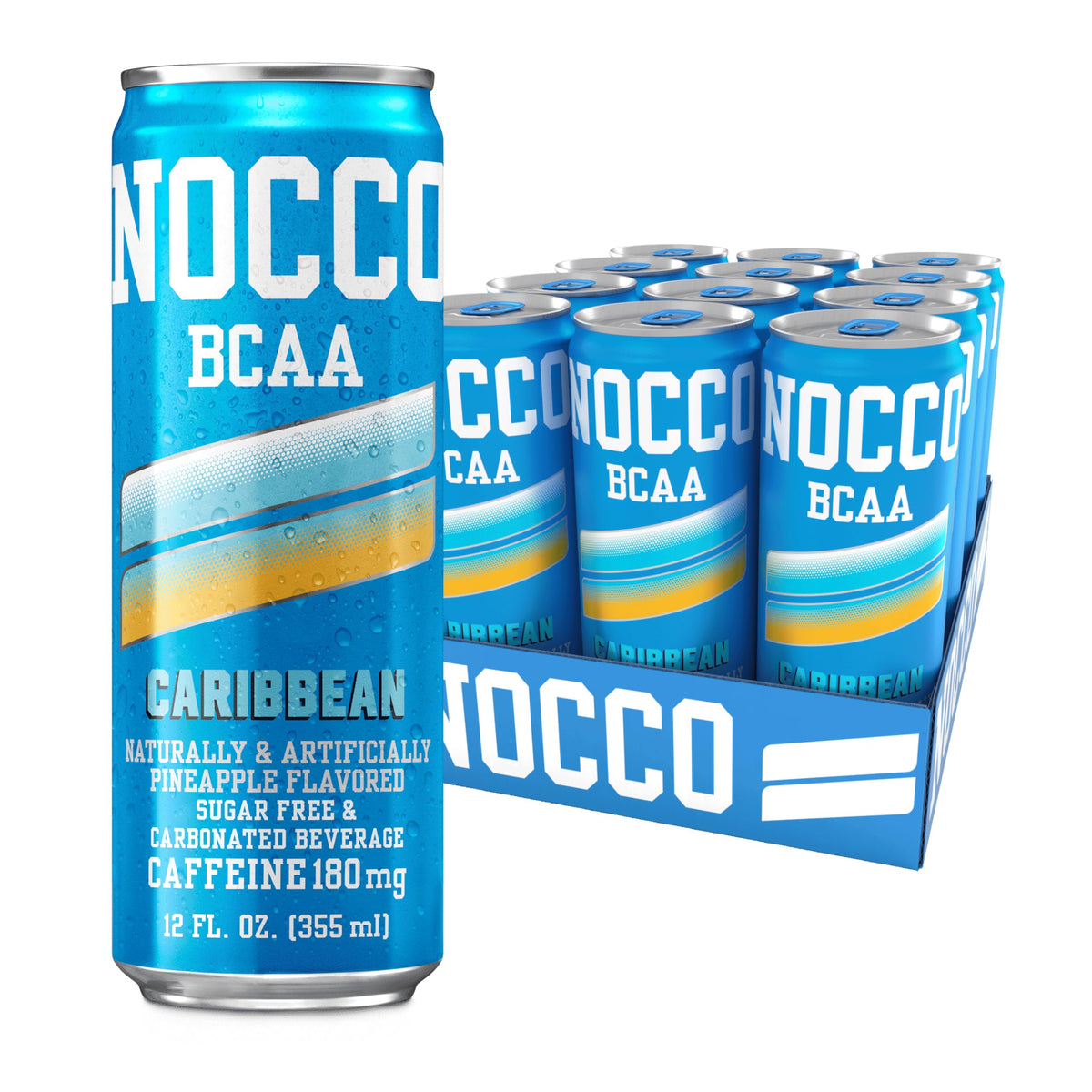 NOCCO Zero Sugar Caribbean Pineapple Energy Drink – 12 Pack, 180 mg Caffeine, BCAAs, Low Calorie