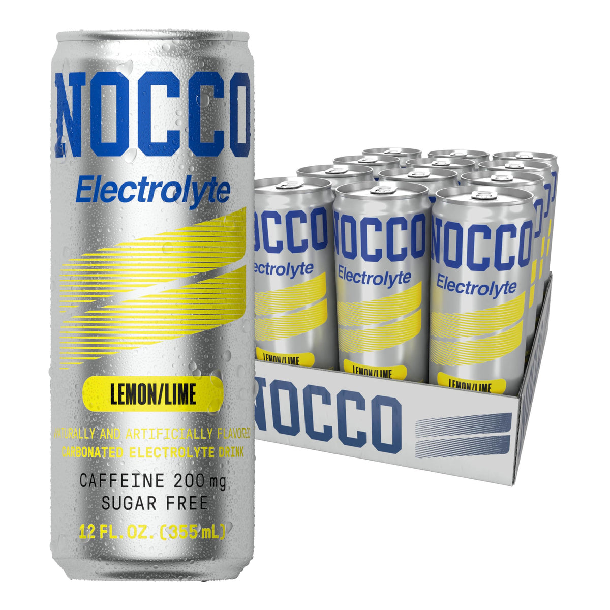 NOCCO Zero Sugar Electrolyte Drink – Lemon/Lime, 12 Can Pack, 200 mg Caffeine, Sugar Free