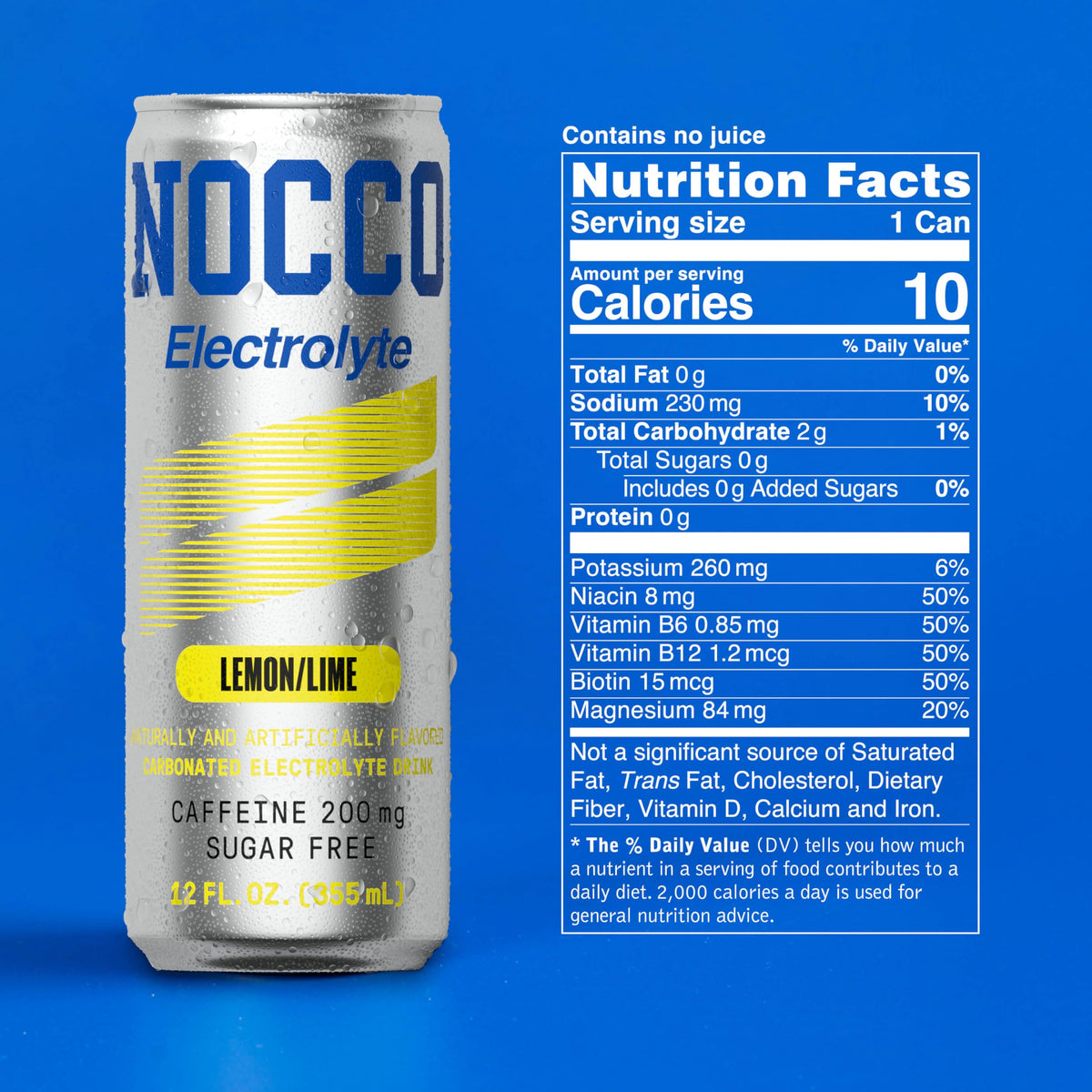 NOCCO Zero Sugar Electrolyte Drink – Lemon/Lime, 12 Can Pack, 200 mg Caffeine, Sugar Free