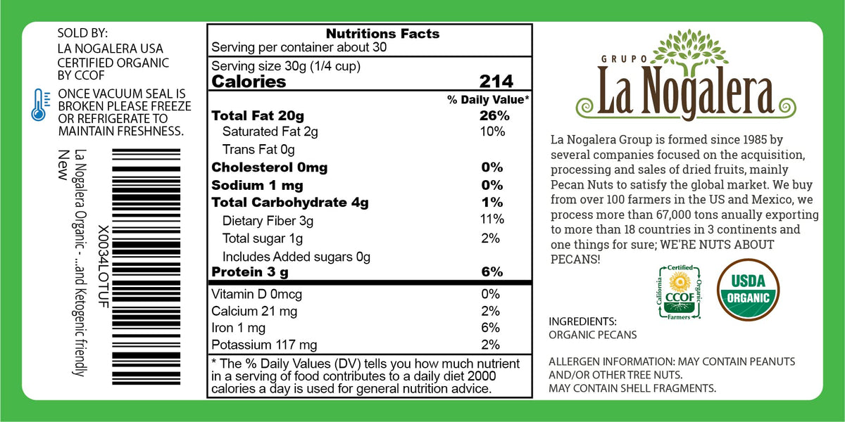 La Nogalera Organic Pecan Pieces – 2 lb Bag | USDA & CCOF Certified, Non-GMO, Kosher & Halal