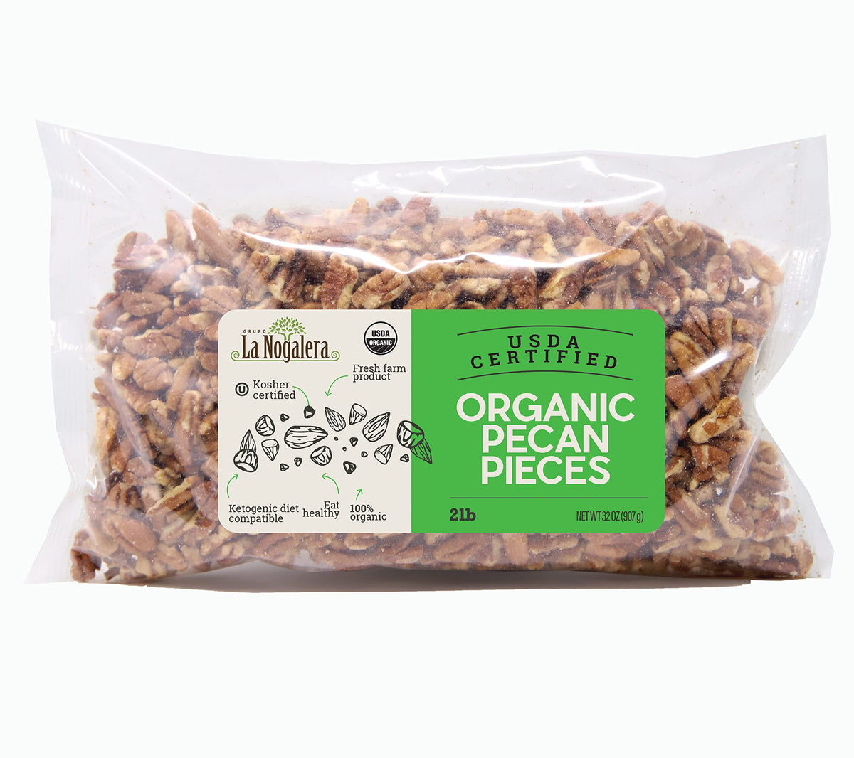 La Nogalera Organic Pecan Pieces – 2 lb Bag | USDA & CCOF Certified, Non-GMO, Kosher & Halal