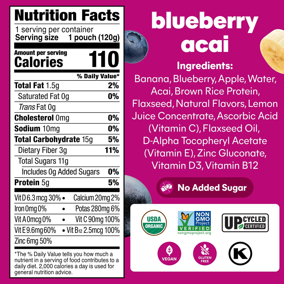 NOKA Superfood Smoothie Pouches – Blueberry Acai with Brain Support (12x4.22 oz)