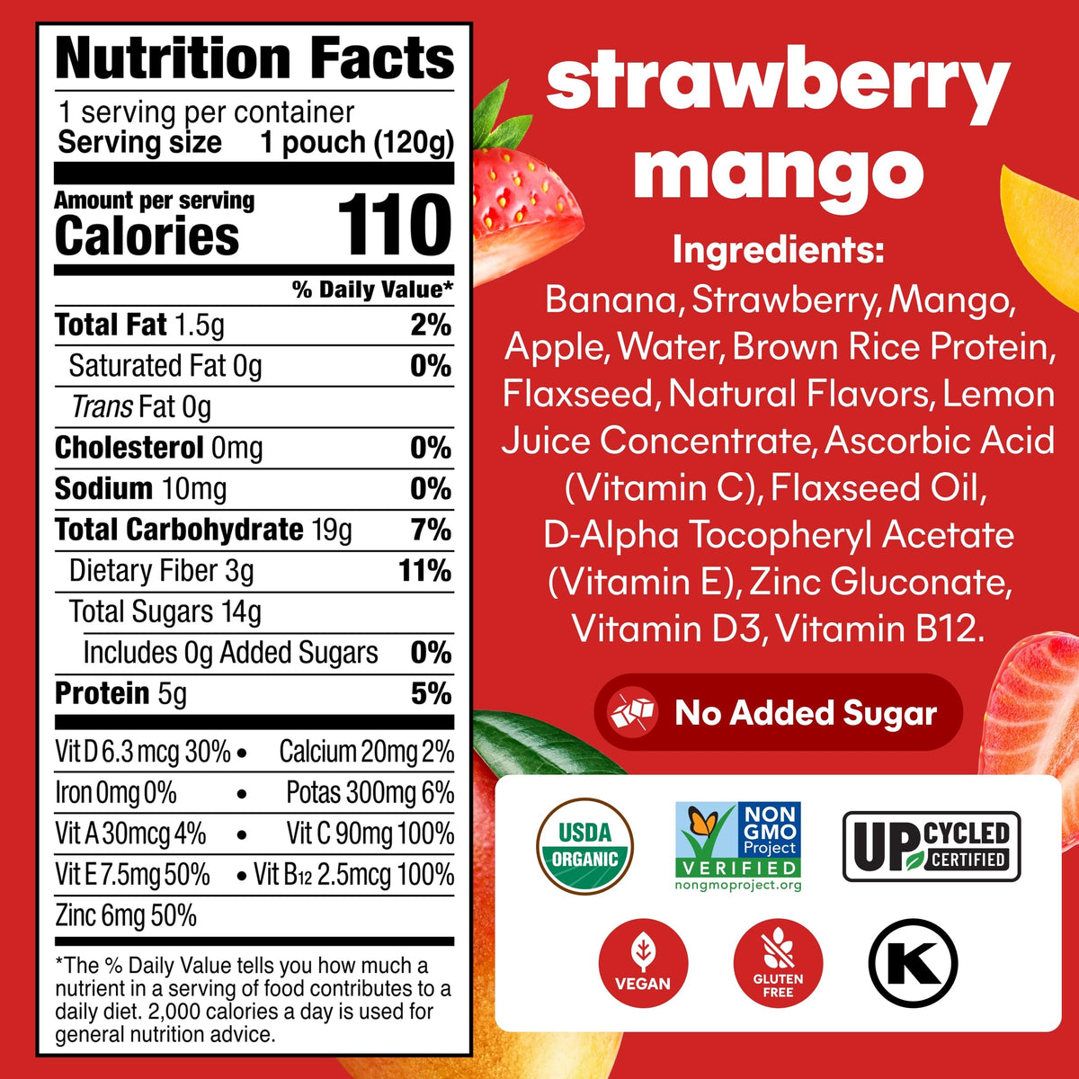 NOKA Strawberry Mango Superfood Smoothie Pouches – Brain Support, 850mg Omega-3, Plant Protein (12 Pack)