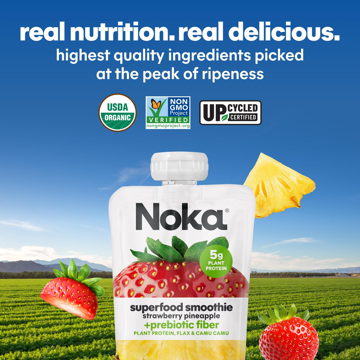 NOKA Superfood Strawberry Pineapple Smoothie Pouches - 12 Pack, Plant Protein, Prebiotic Fiber, Vegan & Gluten Free