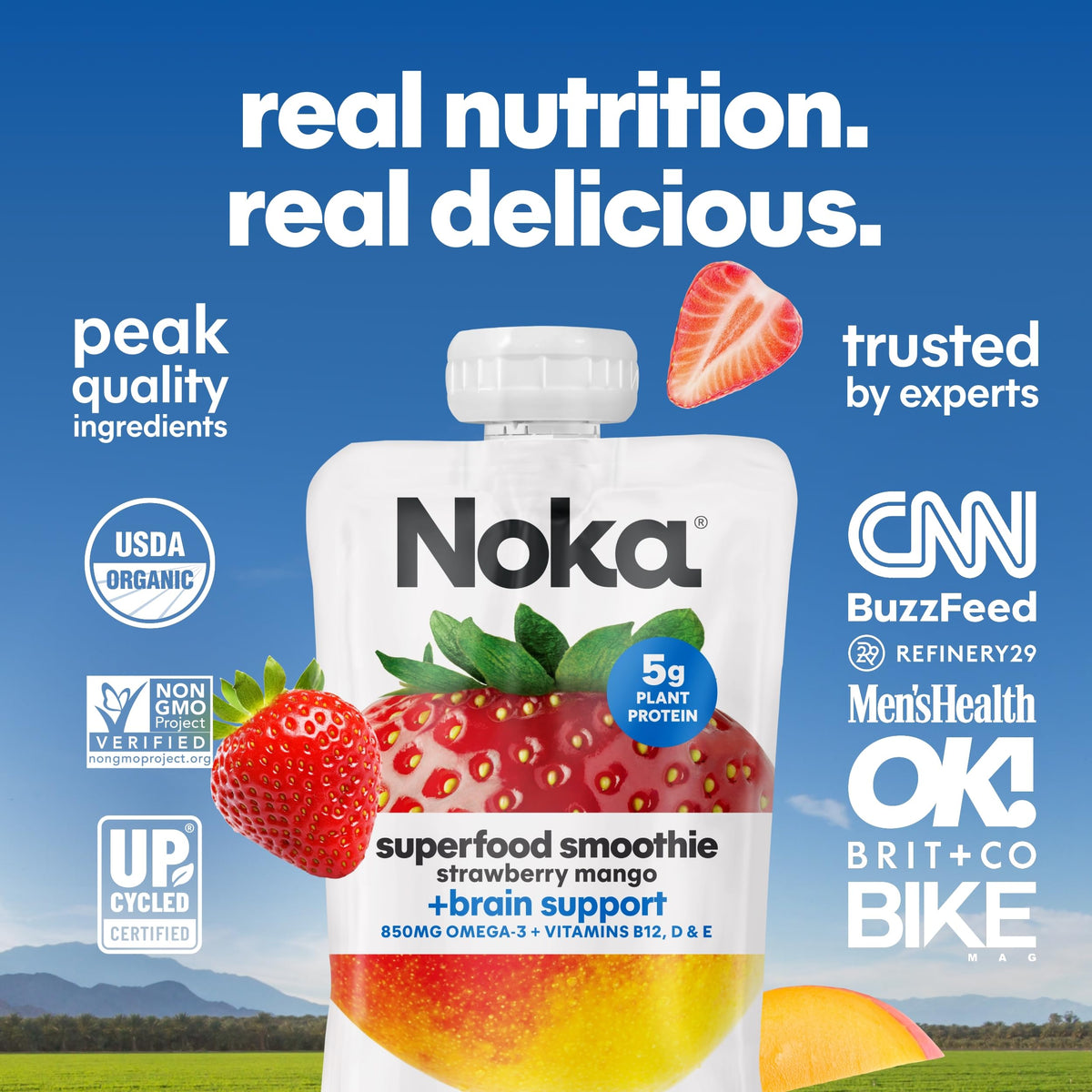 NOKA Strawberry Mango Superfood Smoothie Pouches – Brain Support, 850mg Omega-3, Plant Protein (12 Pack)