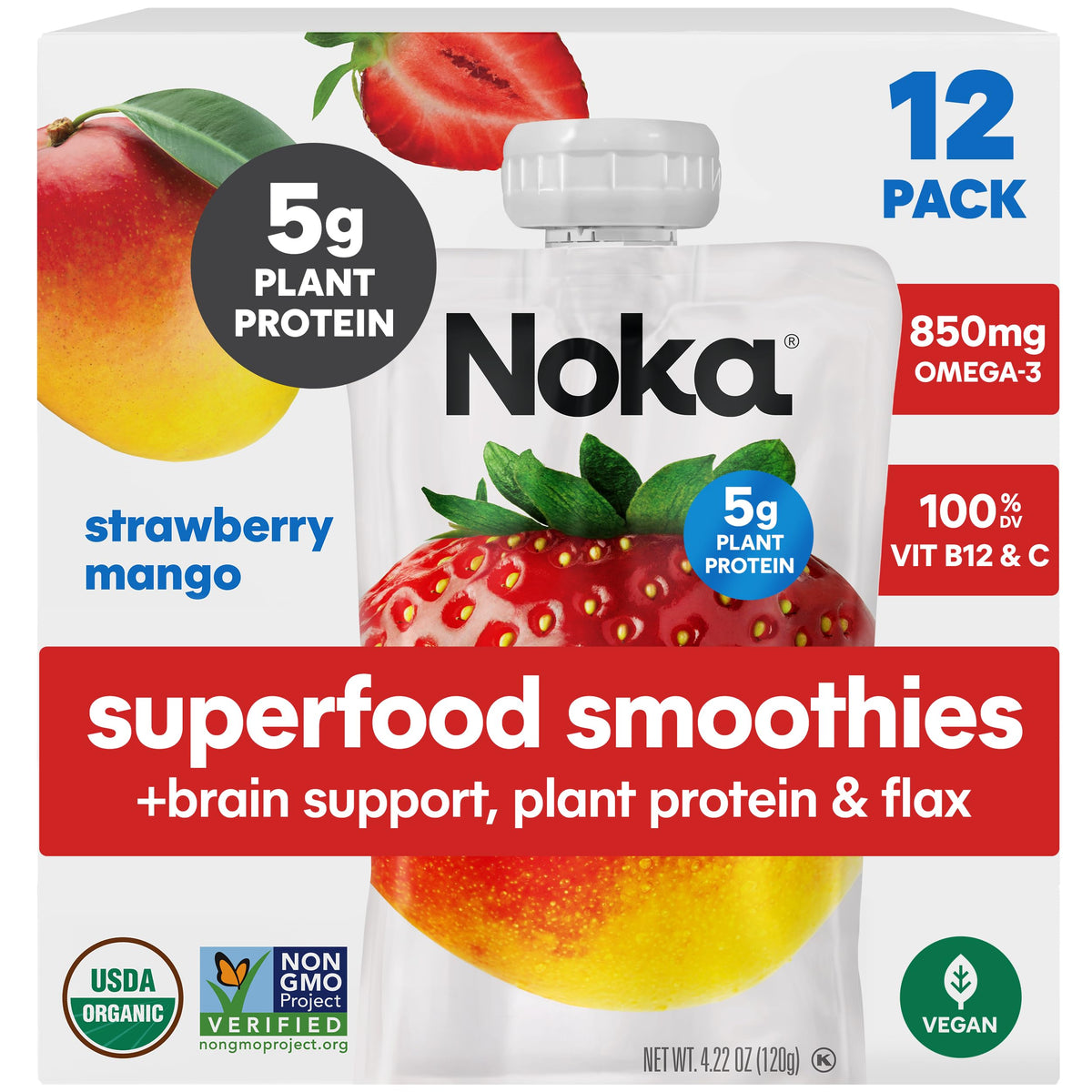 NOKA Strawberry Mango Superfood Smoothie Pouches – Brain Support, 850mg Omega-3, Plant Protein (12 Pack)