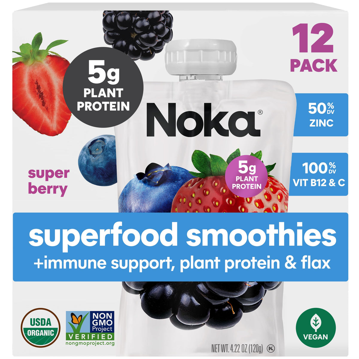 NOKA Superfood Berry Smoothie Pouches with Immune Support – 12 Pack